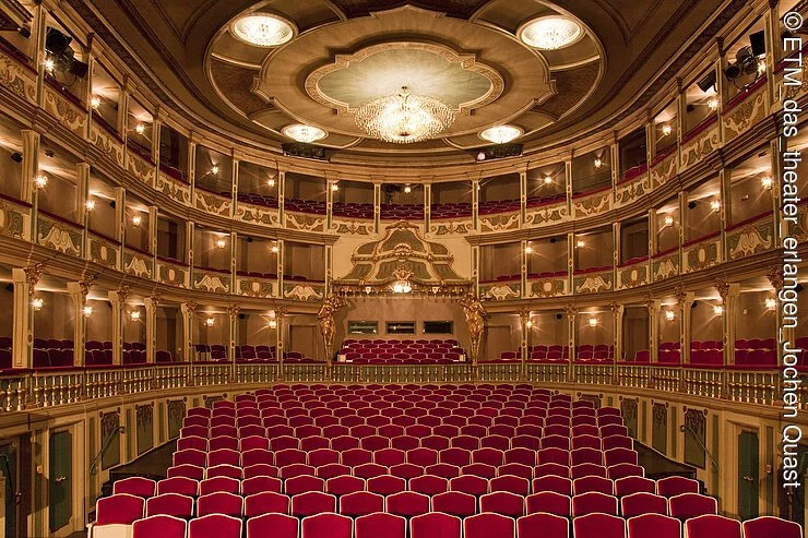 rot bezogene Stühle im dreistöckigen Saal des Markgrafentheaters