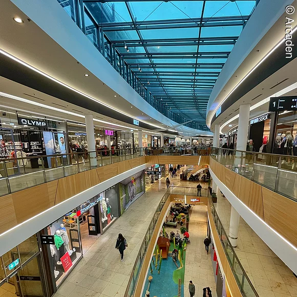 Arcaden Blick von oben durch die Mitte, rechts und links die Ebenen des Centers