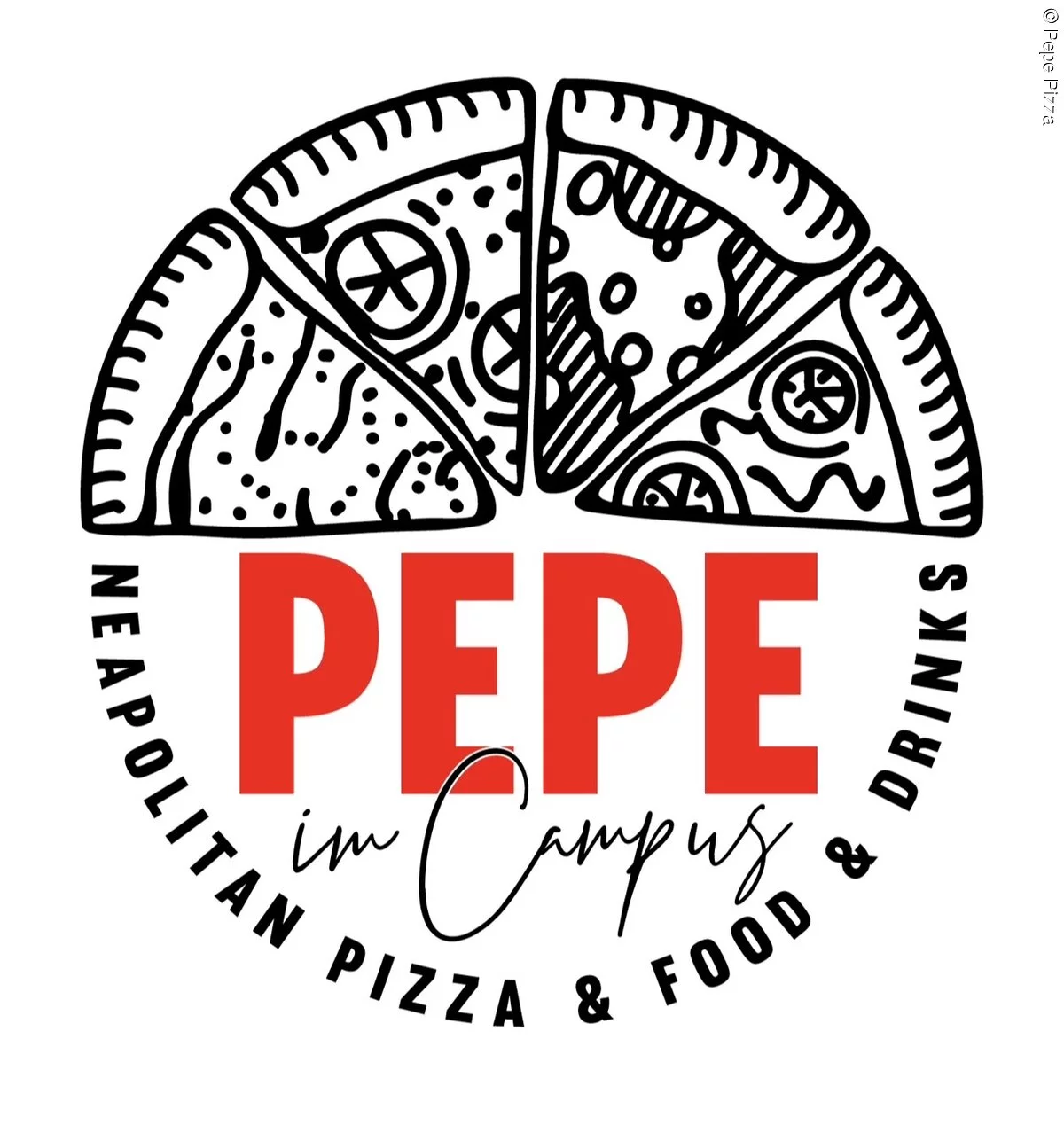 Gezeichnete Pizza mit roten Buchstaben PEPE
darunter in Schreibschrift im Campus