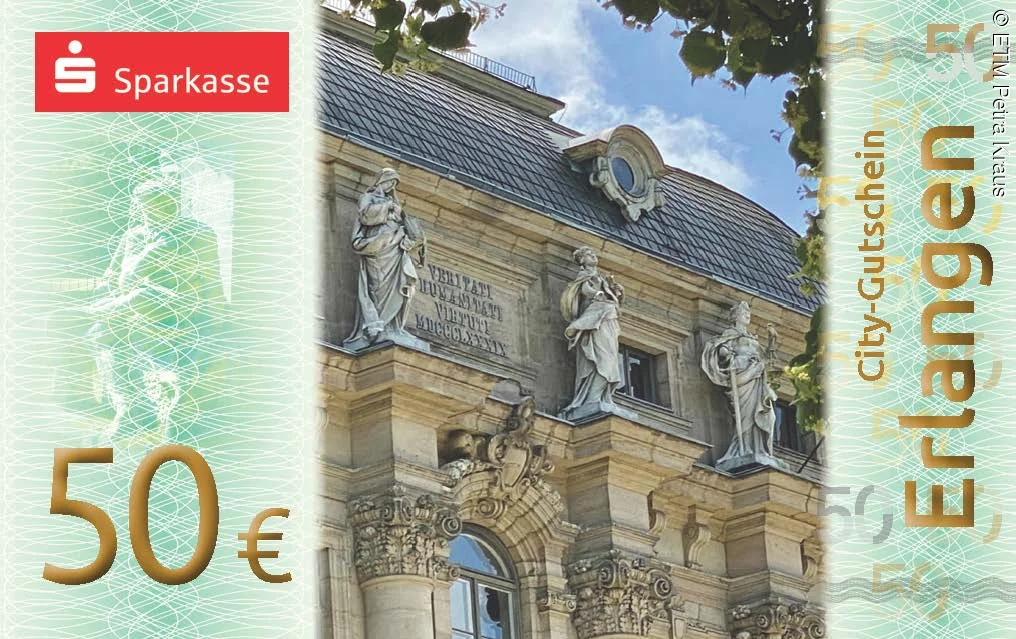 50 Euro City-Gutschein Erlangen mit Abbildung des Kollegiengebäudes