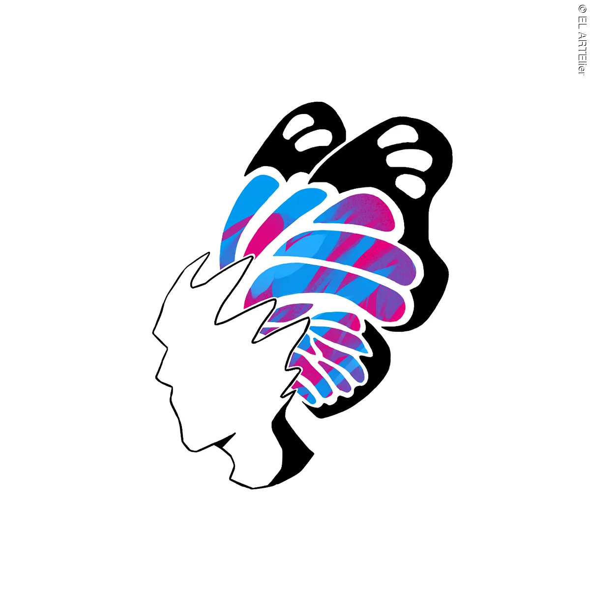 Kopf mit buntem Schmetterling