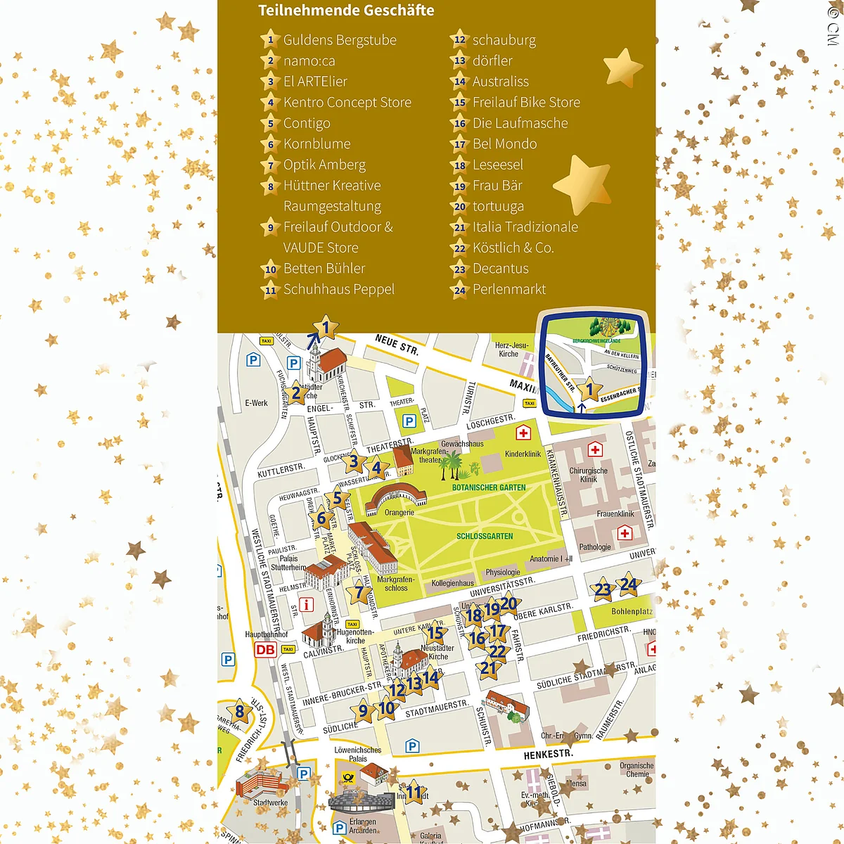 Stadtplan mit teilnehmenden Geschäften Stadtplan mit Sternenhintergrund